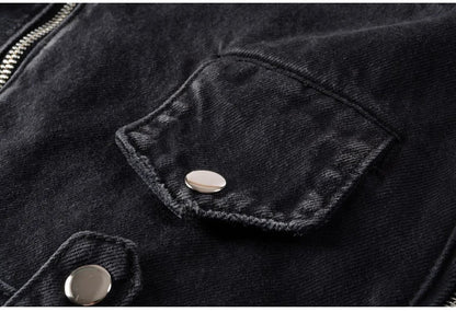 Men's Zippers Black Biker Jean Jacket Streetwear Thick Denim Slim Coat with Belt High Quality