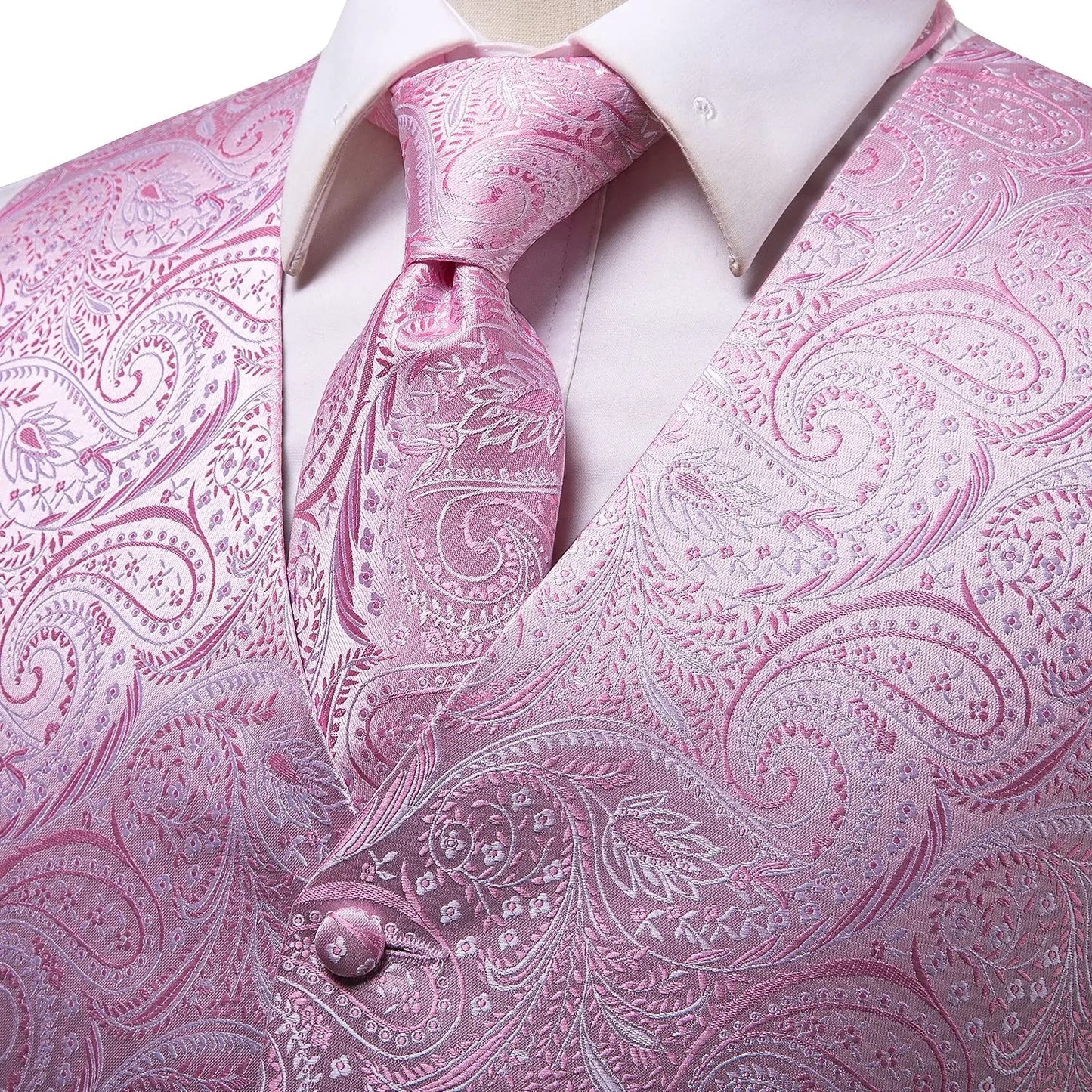 Luxury Silk Mens Vests Rose Gold Pink Striped Waistcoat Necktie Bowtie Hanky Cufflinks Set Waist Jacket For Men Wedding