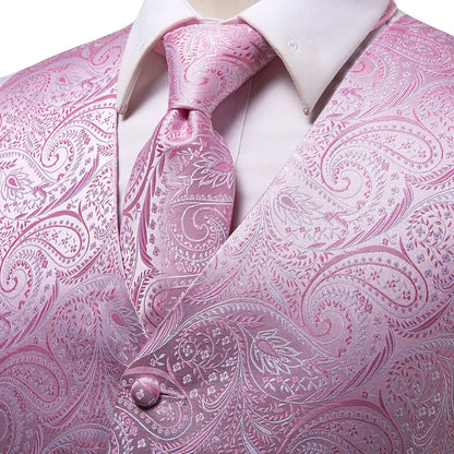 Luxury Silk Mens Vests Rose Gold Pink Striped Waistcoat Necktie Bowtie Hanky Cufflinks Set Waist Jacket For Men Wedding