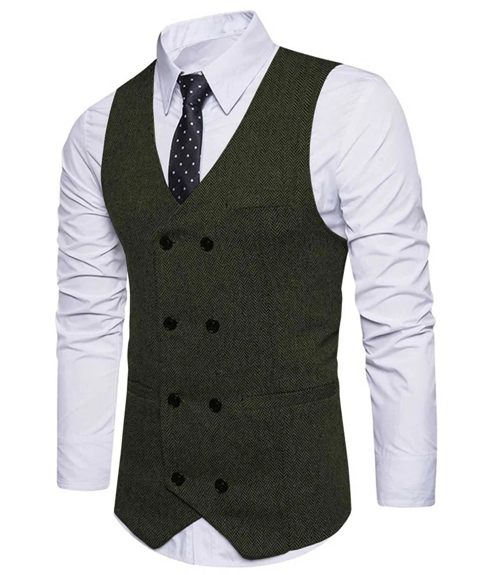 2022 New Men's Royal Blue Double-breasted Vest Suit Vest Casual Top Quality Herringbone Pattern Waistcoat For Wedding