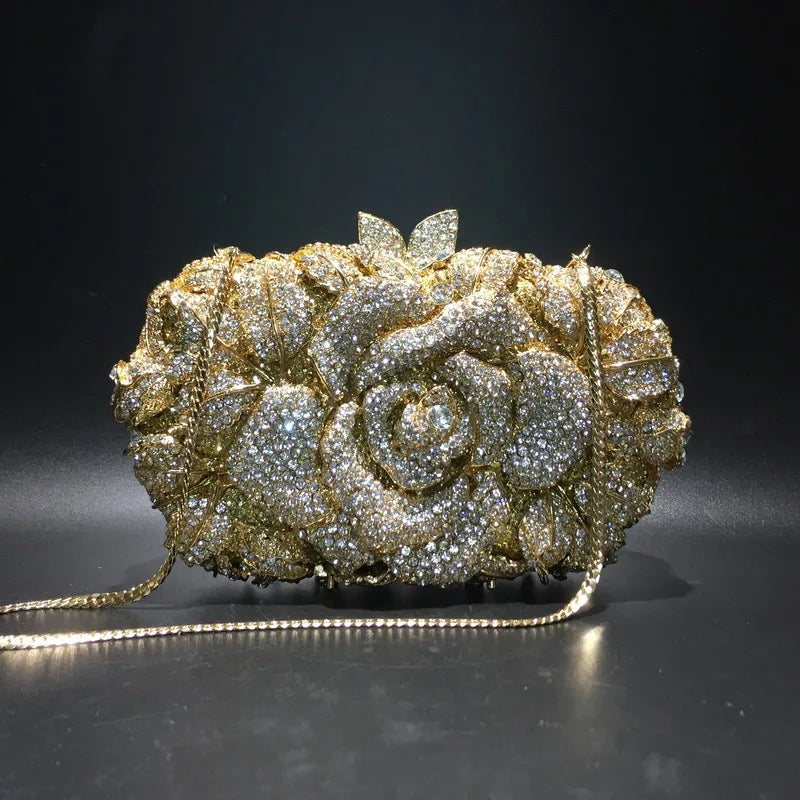 Green Pink Multicolored Rose Crystal Women Evening Clutches Bags Diamond Wedding Cocktail Party Purse And Stone Handbag