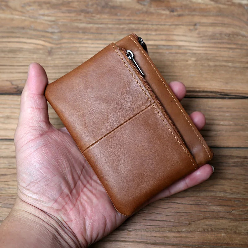 Men's Leather Zipper Coin Wallet First Layer Cowhide Mini Short Wallet Handbag Change Wallet