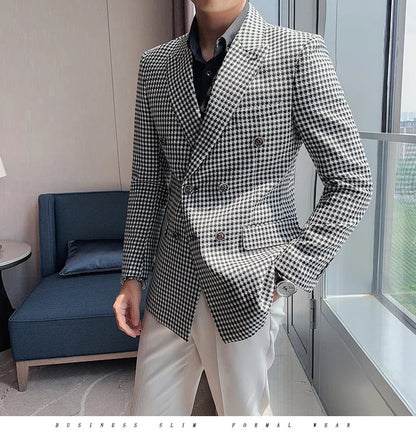 British Style Slim Fit Houndstooth Blazer For Men 2023 Fashion Double Breasted Business Office Wedding Dress Suit Jacket