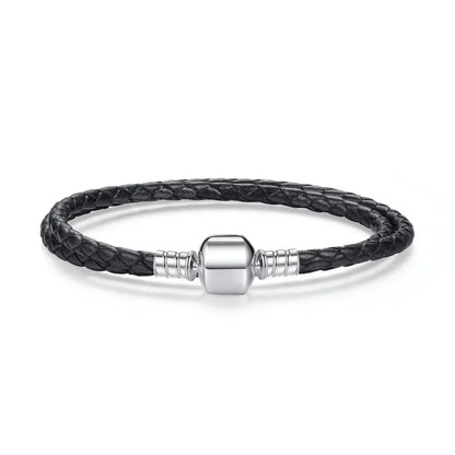 Genuine Long Double Pink Black Braided Leather Chain Women Bracelets with 925 Sterling Silver Snake Clasp PAS908