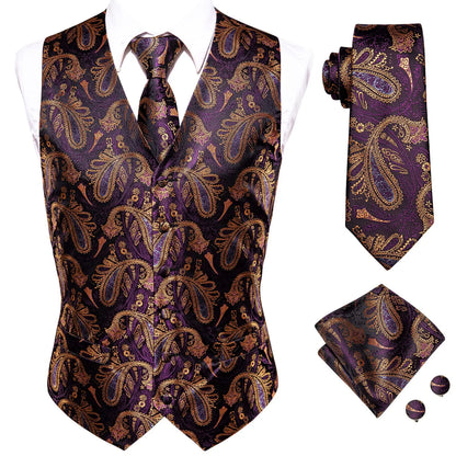 Navy Blue Mens Silk Vests Business Paisley V-Necl Waistcoat Tie Hanky Cufflinks Brooch Set for Men Suit Wedding Formal Hi-Tie