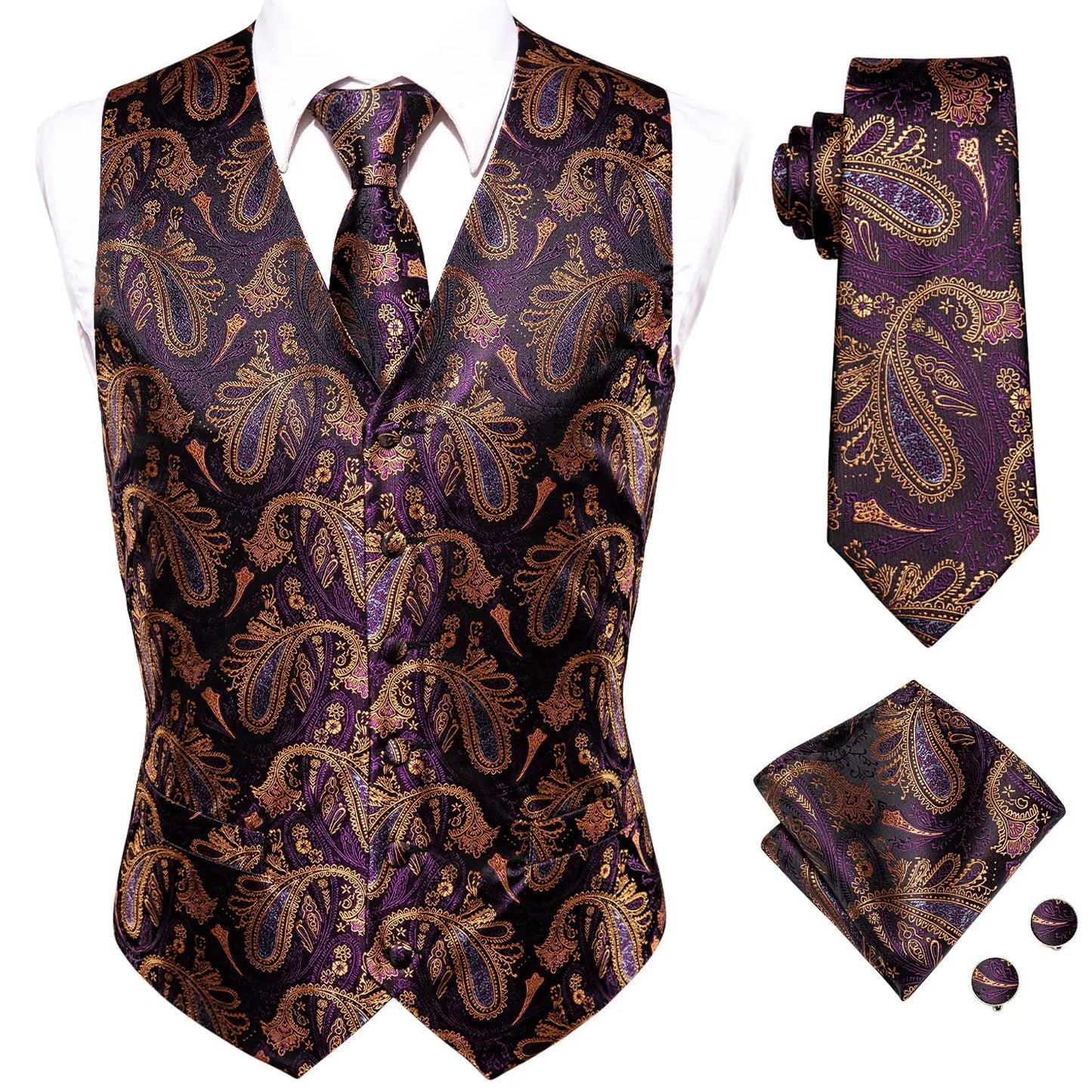 Luxury Mens Vests Black Gold Floral Jacquard Waistcoat Tie Hanky Cufflinks Brooch Set for Men Suit Wedding Office XL