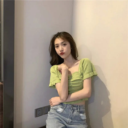 Knitted Fashion Blouse Woman Ruffle Youth Elegant Blouse Summer Crop Top Sexy Slim Fit Shirt Short Sleeve