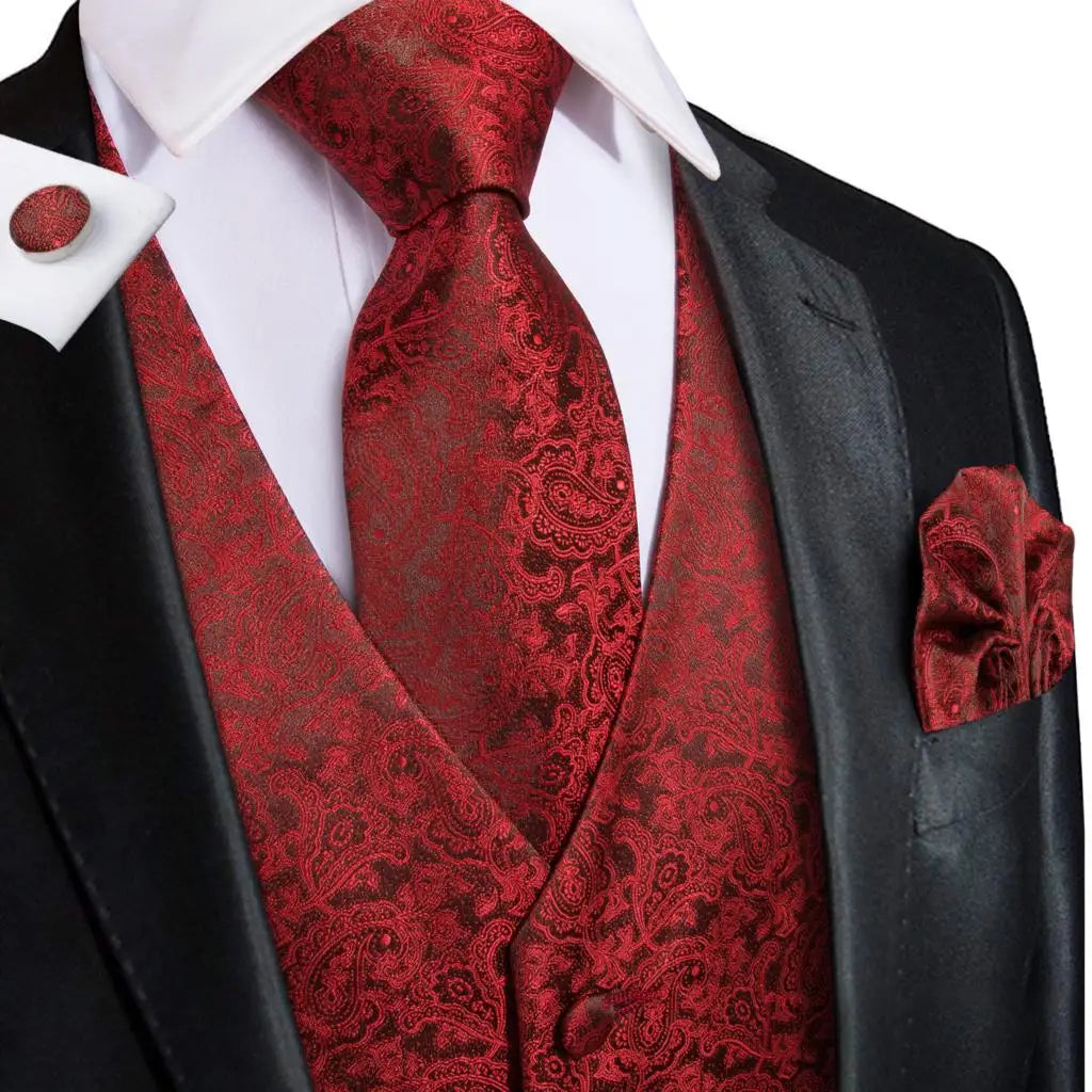 Silk Mens Vests Sleeveless Waist Jacket Jacquard Black Orange Floral Waistcoat Tie Hanky Cufflinks Set for Men Casual XXL