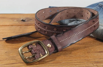 Vintage Men's 3.8cm Wide Double Breasted Belt 100% Cowhide Double Prong Buckle Handmade Heavy Duty Belt Fashion Jeans Belt Brown