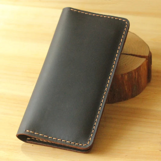 Portefeuille long en cuir véritable fait main de style vintage Crazy Horse pour hommes, sac pochette, porte-monnaie, pinces à billets, sac à main
