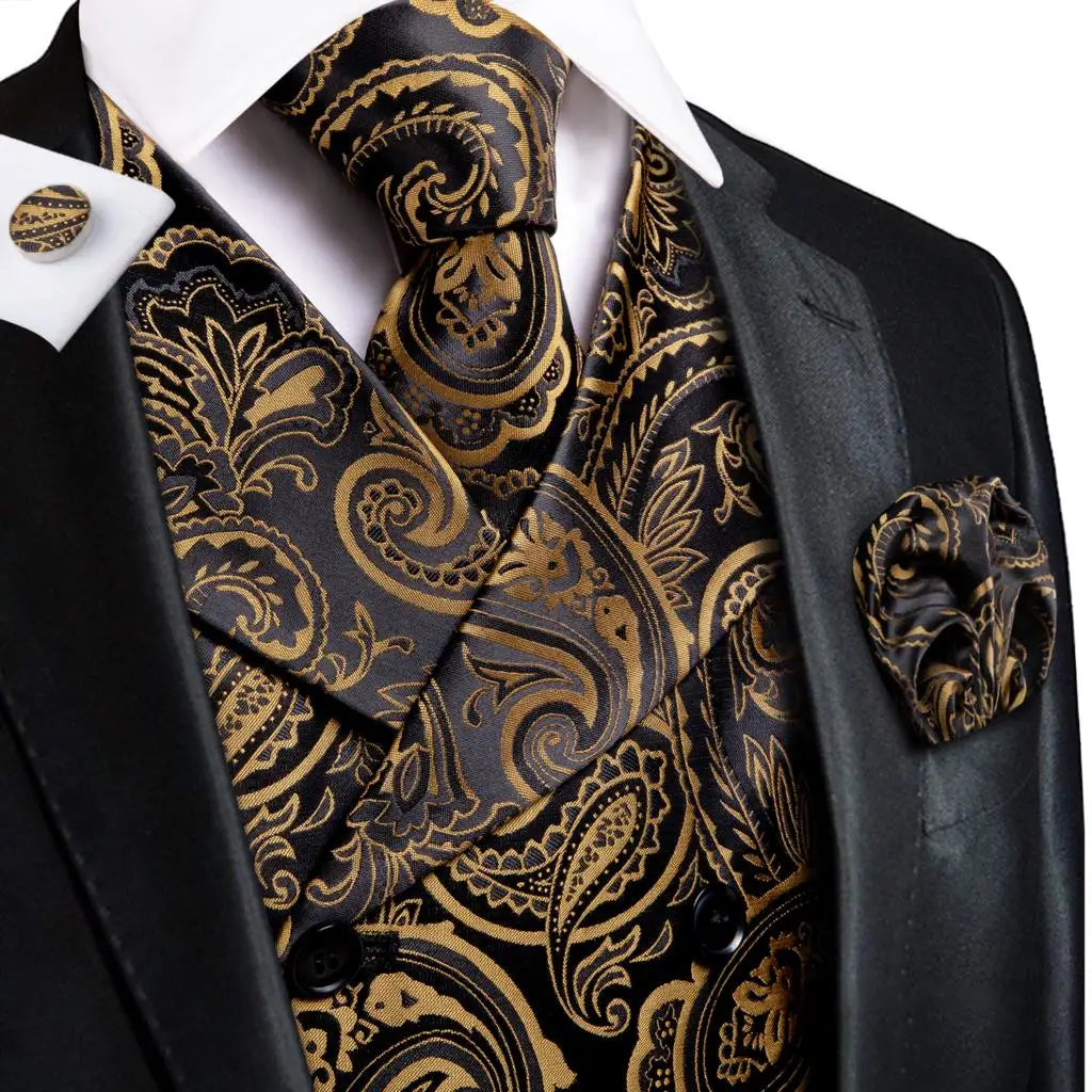 Silk Men's Vests and Tie Business Formal Dresses Slim Vest 4PC Necktie Hanky cufflinks for Suit Blue Paisley Floral Waistcoat