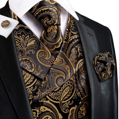 Silk Men's Vests and Tie Business Formal Dresses Slim Vest 4PC Necktie Hanky cufflinks for Suit Blue Paisley Floral Waistcoat
