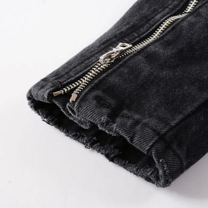 Men's Zippers Black Biker Jean Jacket Streetwear Thick Denim Slim Coat with Belt High Quality