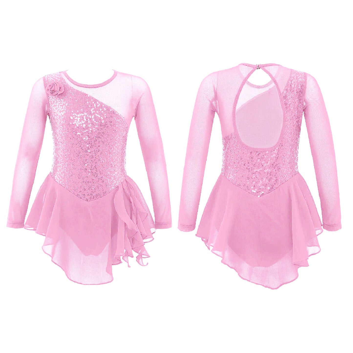 Girls Figure Ice Skating Dress Sparkly Sequin Gymnastics Dance Ballet Tutu Leotard Kids Long Sleeve Mesh Splice Dance Costume