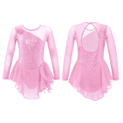 Girls Figure Ice Skating Dress Sparkly Sequin Gymnastics Dance Ballet Tutu Leotard Kids Long Sleeve Mesh Splice Dance Costume