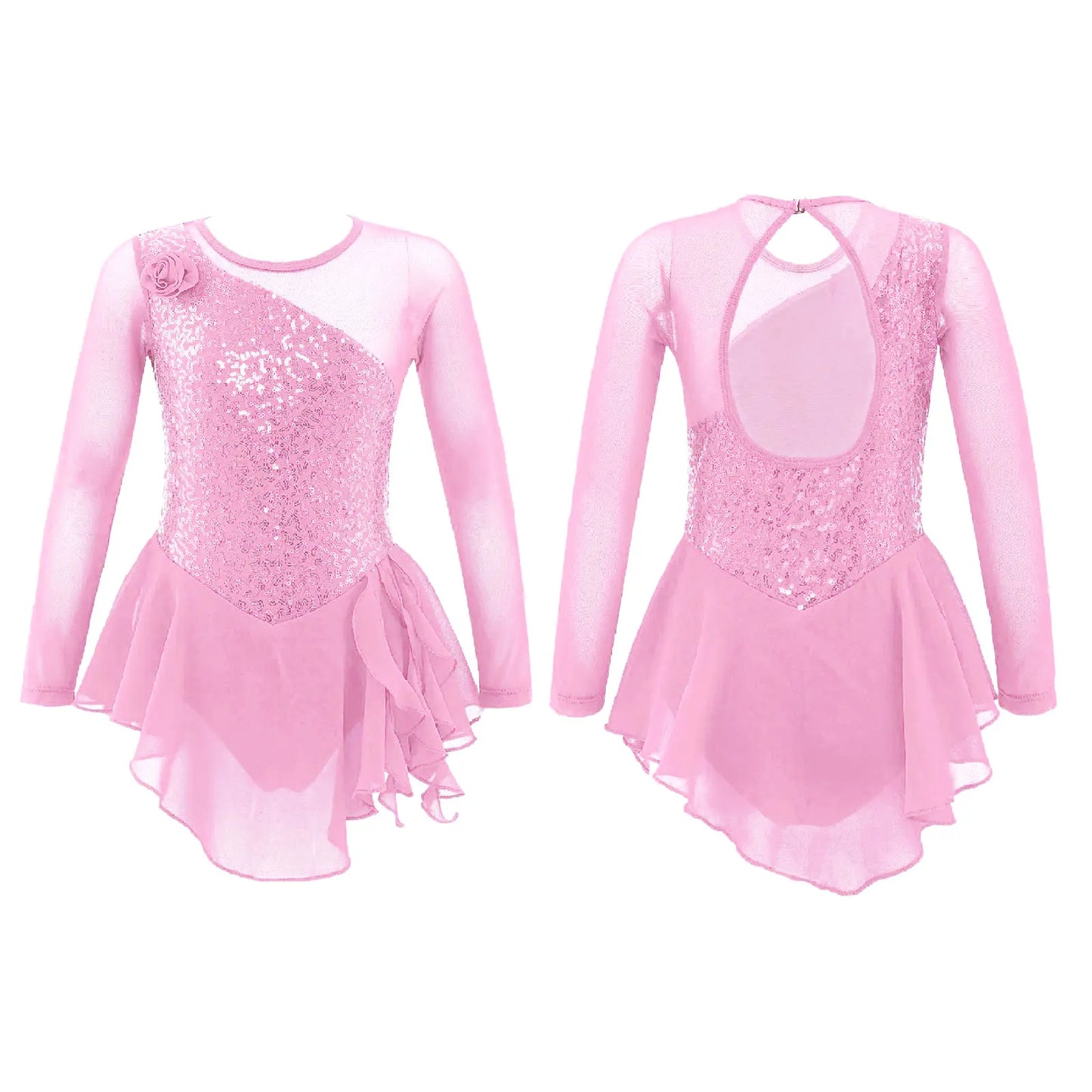 Girls Figure Ice Skating Dress Sparkly Sequin Gymnastics Dance Ballet Tutu Leotard Kids Long Sleeve Mesh Splice Dance Costume