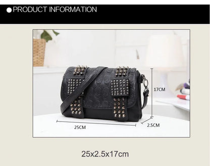 Women Black Leather Messenger Bags Single Skull Rivet Shoulder Bags Sac A Main Bolsa Black Vintage Sexy Bag Lady Drop