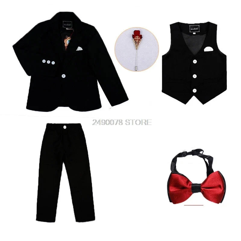 Flower Boys Formal Blazer Suit Kids Jacket Vest Pants Tie 4Pcs Wedding Tuxedo Set Children Prom Costume Performance Dress