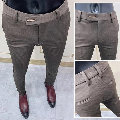 Fashion Striped Suit Pant 2022 Men Elegant Slim Fit Tight-ankle Trousers Pants Men Office Party Business Slim Fit Dress Trousers