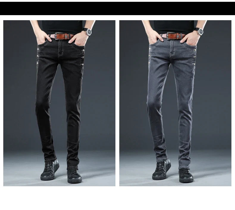 New Men Slim Button Black Skinny Jeans Solid Color Stretch Skateboard Multi-button Youth Male Denim Pants