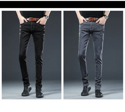 New Men Slim Button Black Skinny Jeans Solid Color Stretch Skateboard Multi-button Youth Male Denim Pants