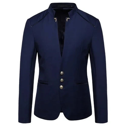Men's Black Stand Up Collar Blazer Coat, Wedding Party Dress Jacket, Asia Sizes Slim-Fit Single Breasted Jaqueta, Blue Red Tops.