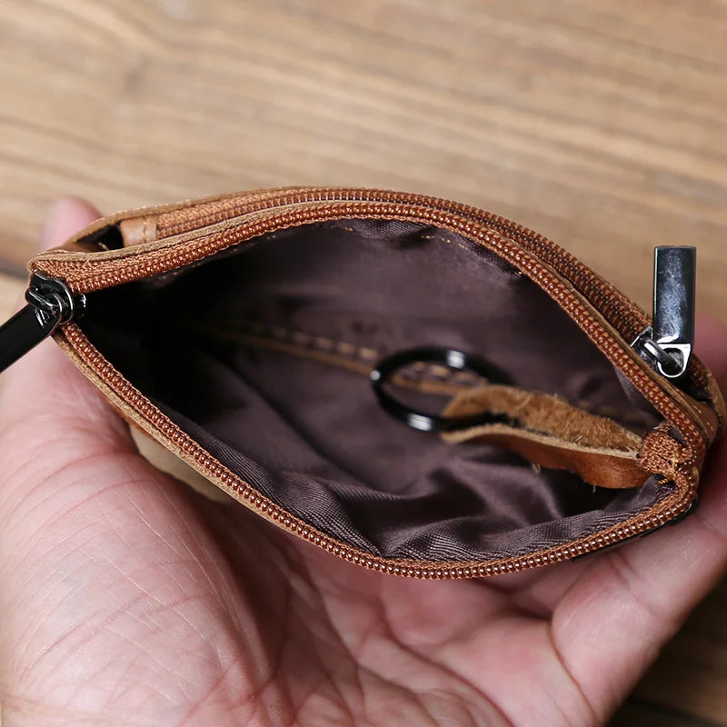 Men's Leather Zipper Coin Wallet First Layer Cowhide Mini Short Wallet Handbag Change Wallet