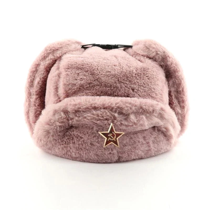 Soviet Badge Ushanka Men&Women Bomber Hats CCCP Army Pilot Trapper Trooper Hat Winter Faux Rabbit Fur Earflap Snow Caps