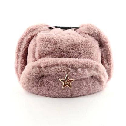Soviet Badge Ushanka Men&Women Bomber Hats CCCP Army Pilot Trapper Trooper Hat Winter Faux Rabbit Fur Earflap Snow Caps