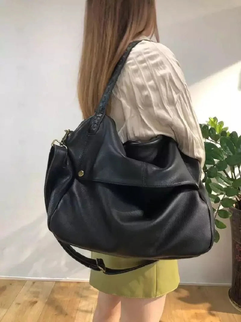 Women's 100% Genuine Cowhide Hobo Bag Large Capacity Soft Leather Shoulder Crossbody Vintage Handbag