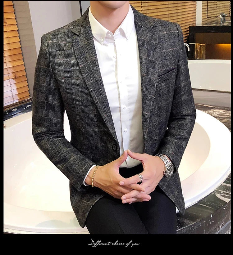 British's Style Vintage Plaid Blazer Men Casual Slim Fit Suit Jacket Single Button Business Social Blazer Plus Size M-5XL Hombre