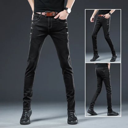 New Men Slim Button Black Skinny Jeans Solid Color Stretch Skateboard Multi-button Youth Male Denim Pants