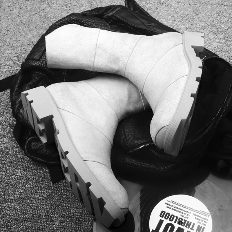 Punk Style Zipper Men Genuine Leather High-Top Sneakers Street Round Toe Winter Warm Platform Boots Black Motorcycle Botas Male