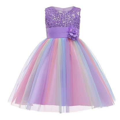 2026 Sequins Girls Dress Summer Flower Fashion Rainbow Mesh Little Princess Dresses For Piano Performance Costume Kids Clothes