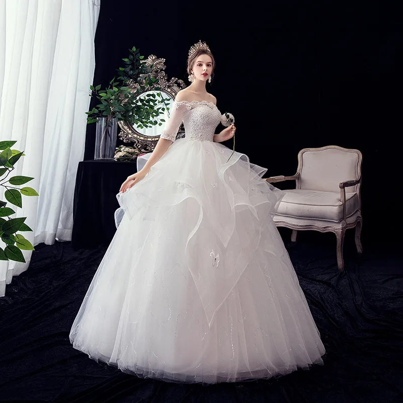 2021 New Gryffon Half Sleeve Boat Neck Wedding Ball Gown Luxury Lace Sequins Wedding Dresse Robe De Mariee
