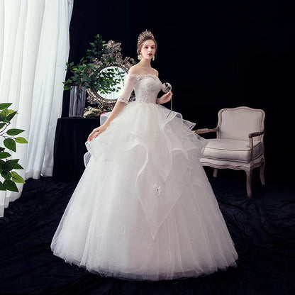 2021 New Gryffon Half Sleeve Boat Neck Wedding Ball Gown Luxury Lace Sequins Wedding Dresse Robe De Mariee