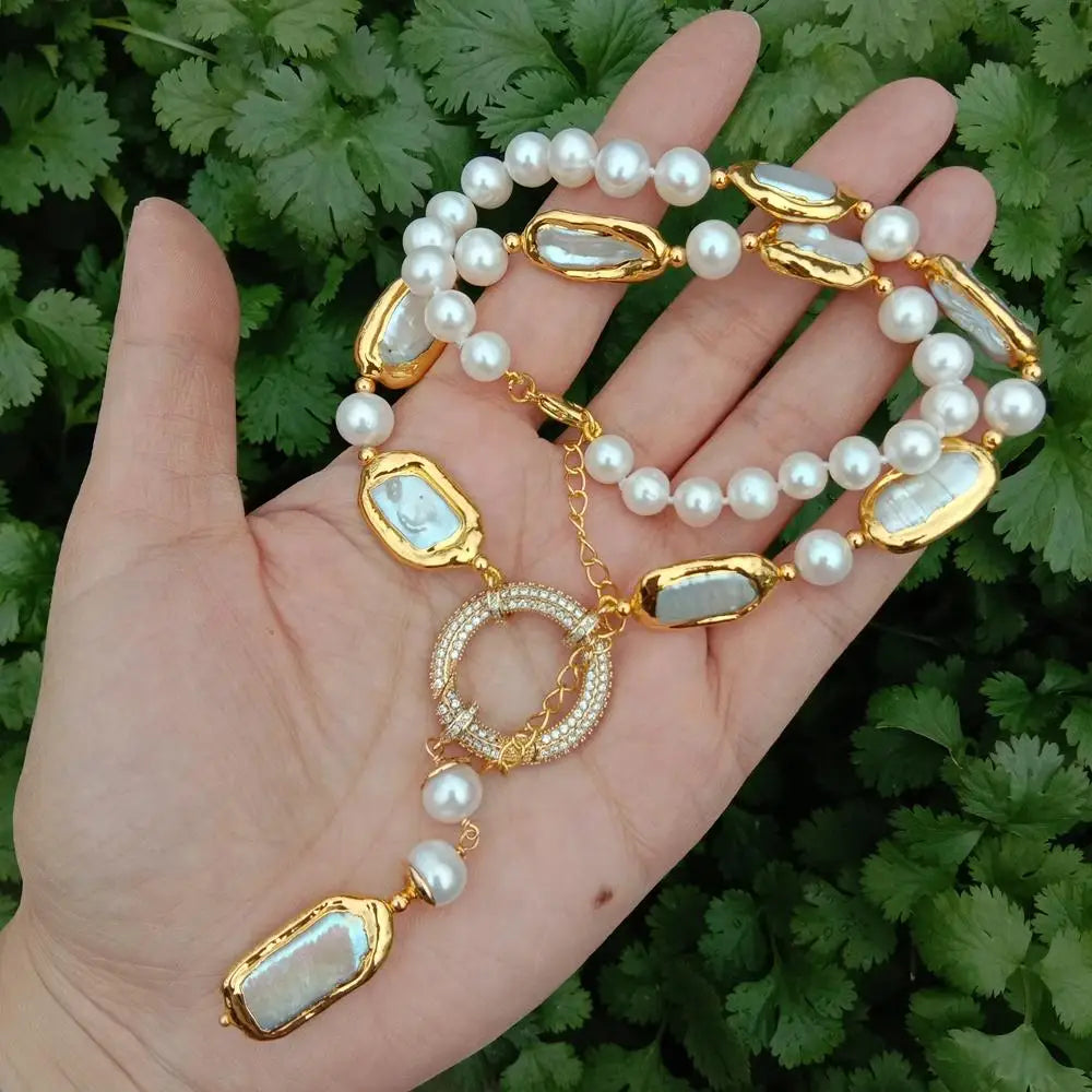 Natural 8-9mm Round Rectangle Cultured White Biwa Pearl Round Freshwater Pearl Y-Drop Necklace 18.5'