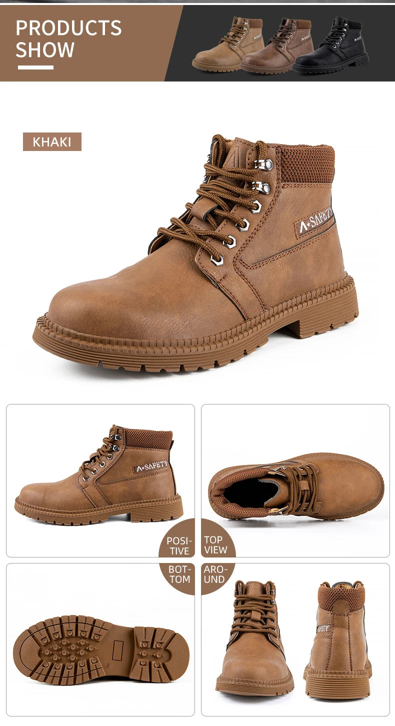 Mens Work Boots 2025 Fashion Outdoor Leather Steel Toe Indestructible Shoes Men Anti Slip Puncture Proof Safety Shoes Boot Man