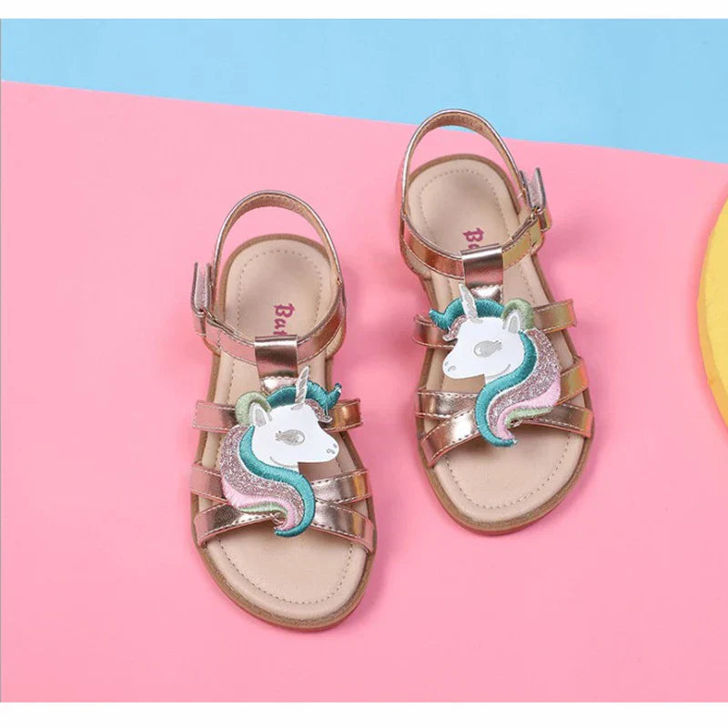 Unicorn girls sandals bright metallic kids girls sandals Adjustable customized fit princess summer shoes