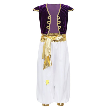 Boys Mythical Prince Arabian Carnival Cosplay Outfit Halloween Party Arabian Prince Role Play Waistcoat Vest Top+Belted Pants