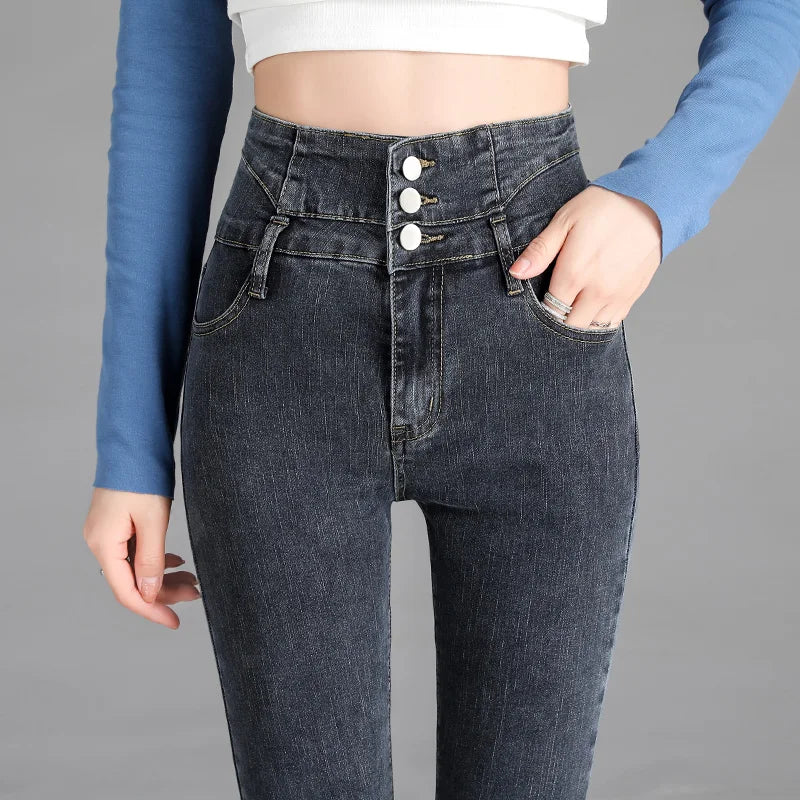 High-quality New Vintage High-waist Stretch Skinny Jeans, Women's Fashion Stretch Button Pencil Pants, Mom Casual Jeans Pants
