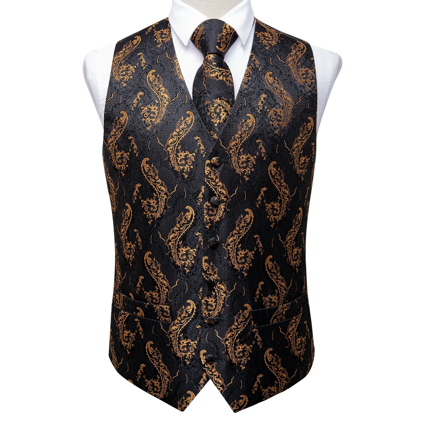 Men Gold Paisley Waistcoat Ascot Tie Pocket Square Necktie Ring Set Wedding Formal Dress Vests Sleeveless Jacket