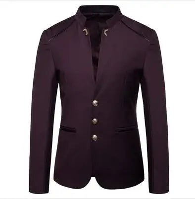 Men's Black Stand Up Collar Blazer Coat, Wedding Party Dress Jacket, Asia Sizes Slim-Fit Single Breasted Jaqueta, Blue Red Tops.