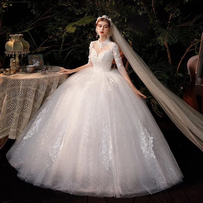 High Neck Wedding Dress 2024 Luxury Three Quarter Sleeve Lace Up Ball Gown Vestido De Noiva Plus Size Customized