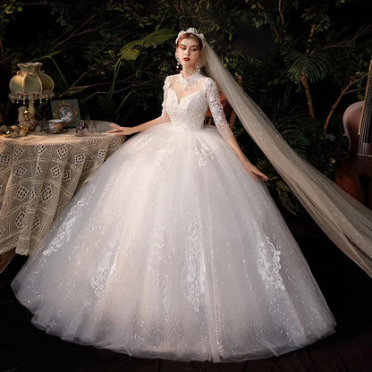 High Neck Wedding Dress 2024 Luxury Three Quarter Sleeve Lace Up Ball Gown Vestido De Noiva Plus Size Customized