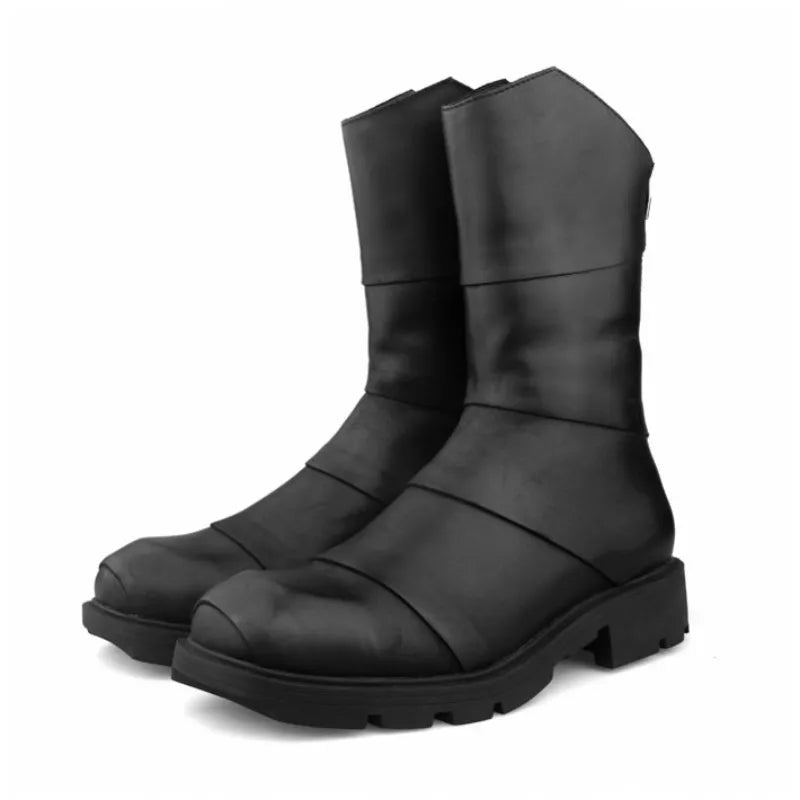 Punk Style Zipper Men Genuine Leather High-Top Sneakers Street Round Toe Winter Warm Platform Boots Black Motorcycle Botas Male