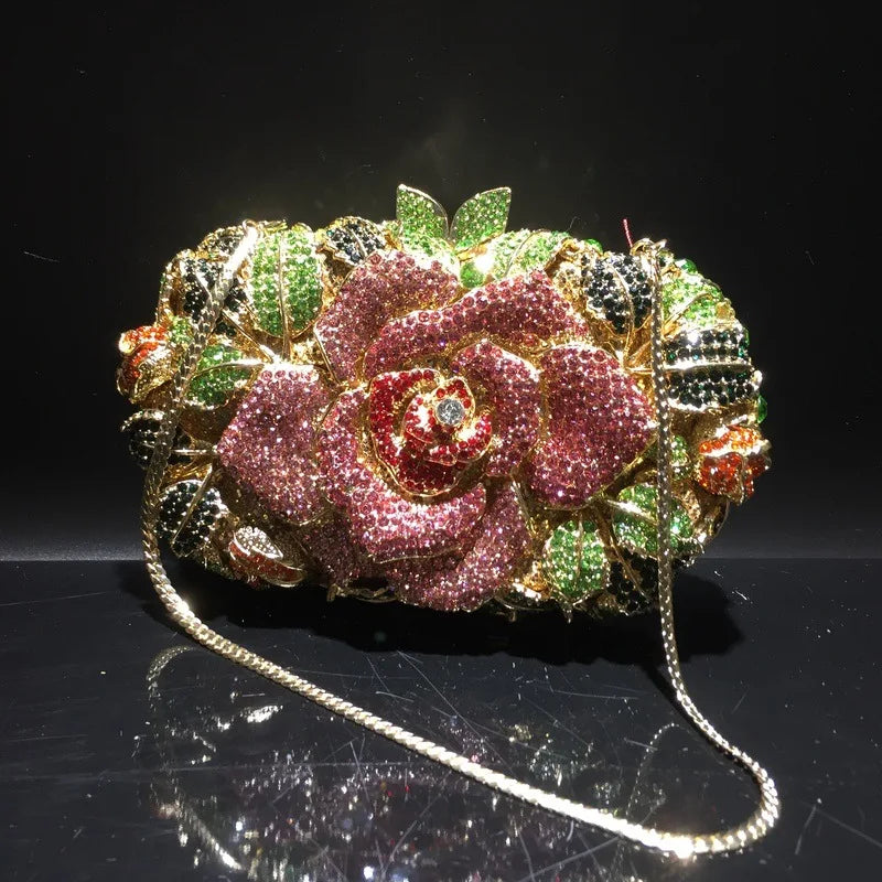 Green Pink Multicolored Rose Crystal Women Evening Clutches Bags Diamond Wedding Cocktail Party Purse And Stone Handbag