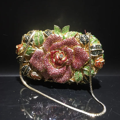 Green Pink Multicolored Rose Crystal Women Evening Clutches Bags Diamond Wedding Cocktail Party Purse And Stone Handbag