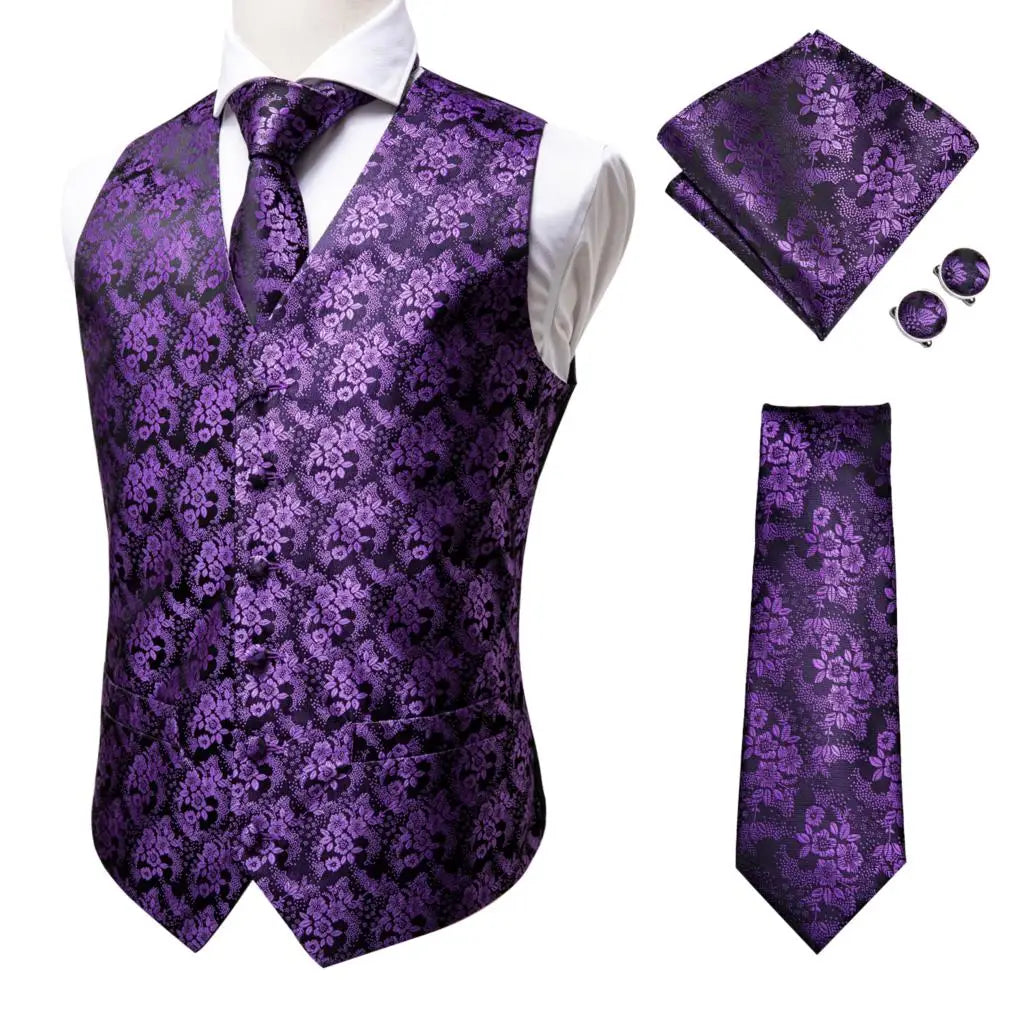 Silk Mens Vests Sleeveless Waist Jacket Jacquard Black Orange Floral Waistcoat Tie Hanky Cufflinks Set for Men Casual XXL