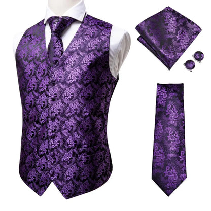Silk Mens Vests Sleeveless Waist Jacket Jacquard Black Orange Floral Waistcoat Tie Hanky Cufflinks Set for Men Casual XXL